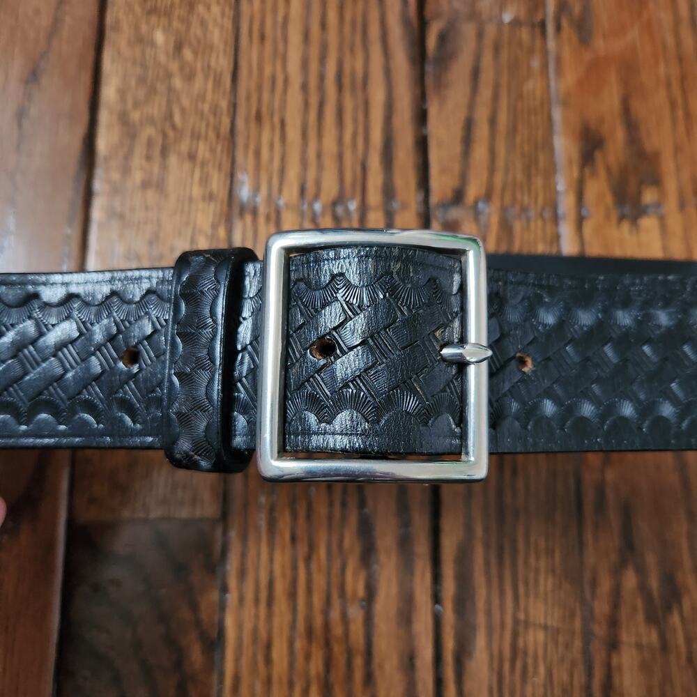 Jay-Pee Vintage Wide Embossed Leather Basketweave Belt Black 36